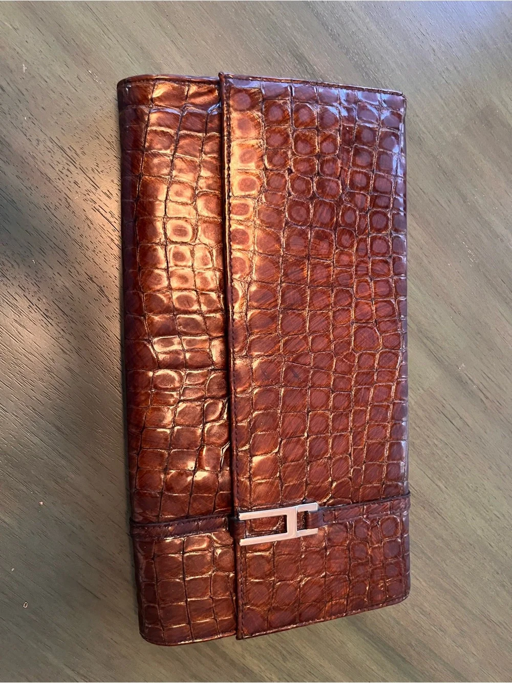 BCBG Brown Croc-Embossed Wristlet Clutch